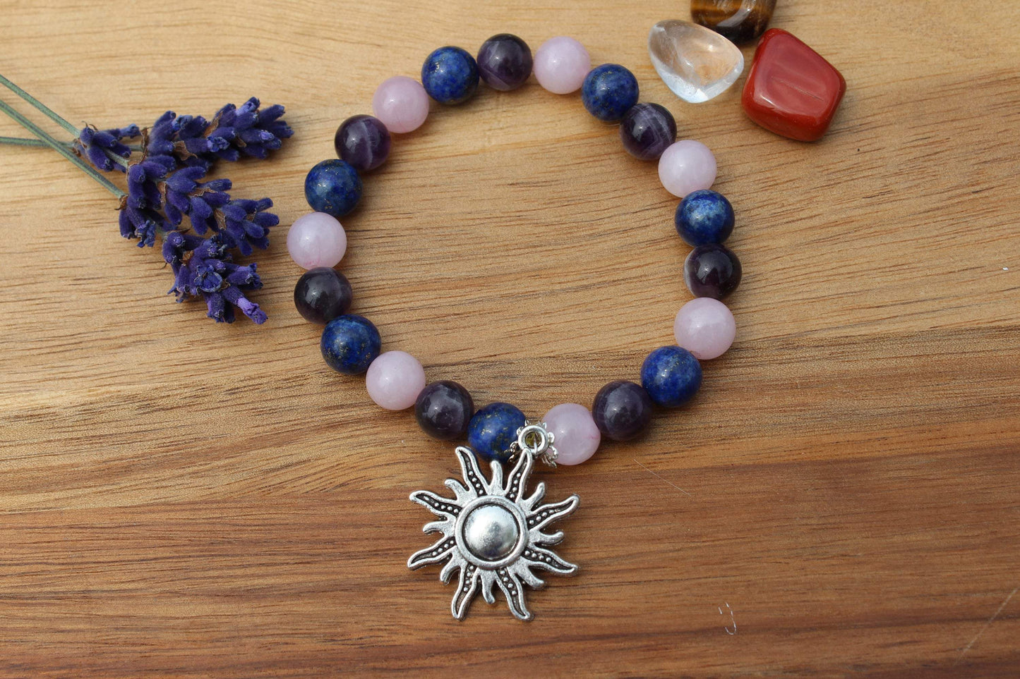 Bracelet pierres naturelles en Quartz rose , Améthyste , Lapis Lazuli