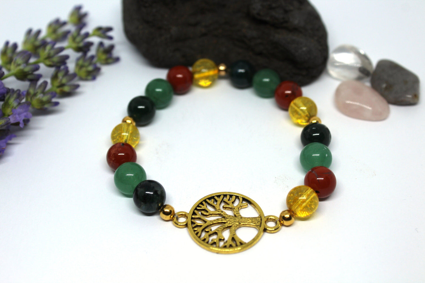 Bracelet en pierres naturelles Citrine , Agate mousse , Aventurine , Jaspe Rouge " Spécial Maladie de Crohn "