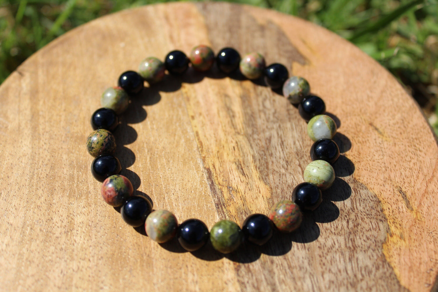 Bracelet en pierres naturelles , Obsidienne et Unakite