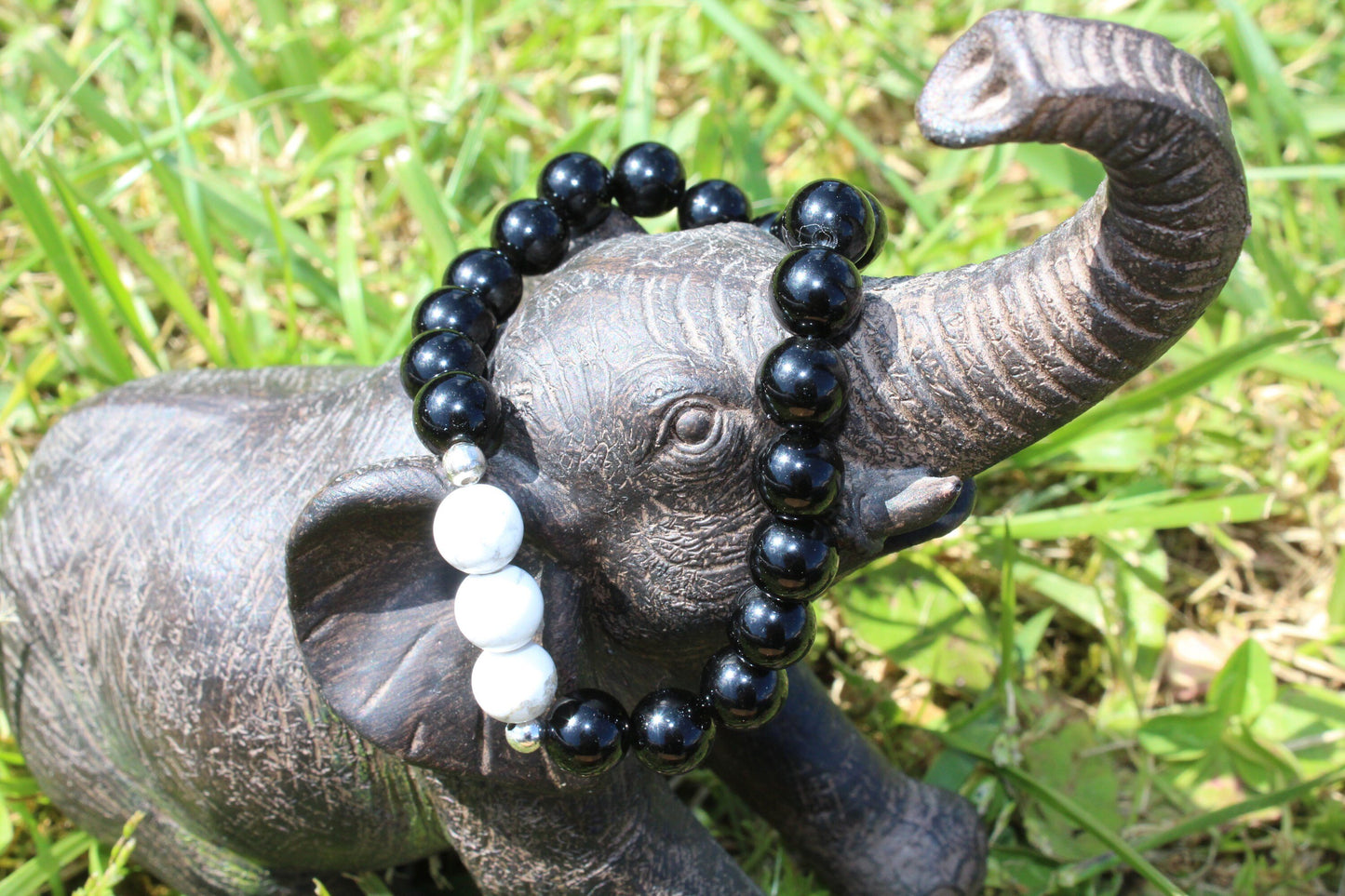 Bracelet élastique en pierres naturelles , Obsidienne , Howlite