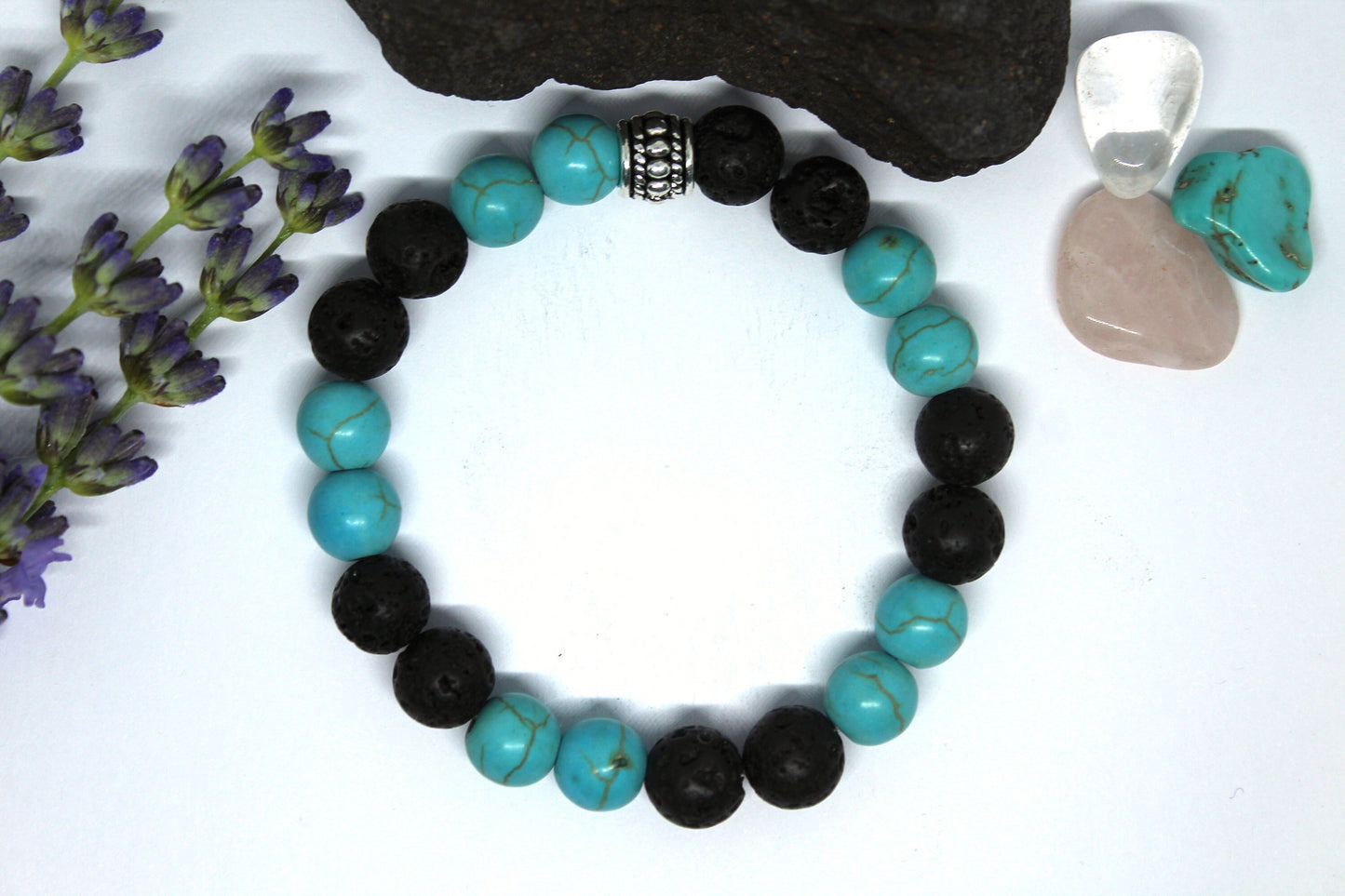 Bracelet élastique en pierres naturelles Howlite turquoise et pierre de lave