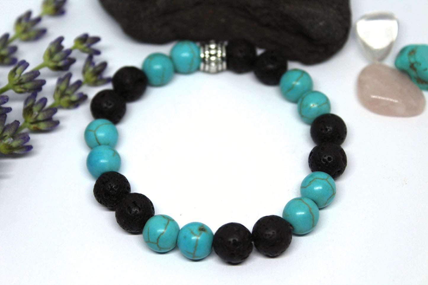 Bracelet élastique en pierres naturelles Howlite turquoise et pierre de lave