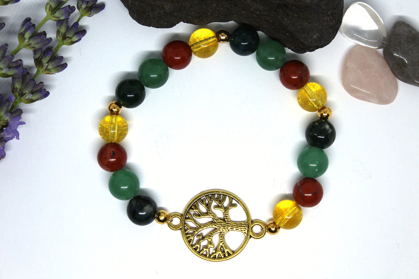 Bracelet en pierres naturelles Citrine , Agate mousse , Aventurine , Jaspe Rouge " Spécial Maladie de Crohn "