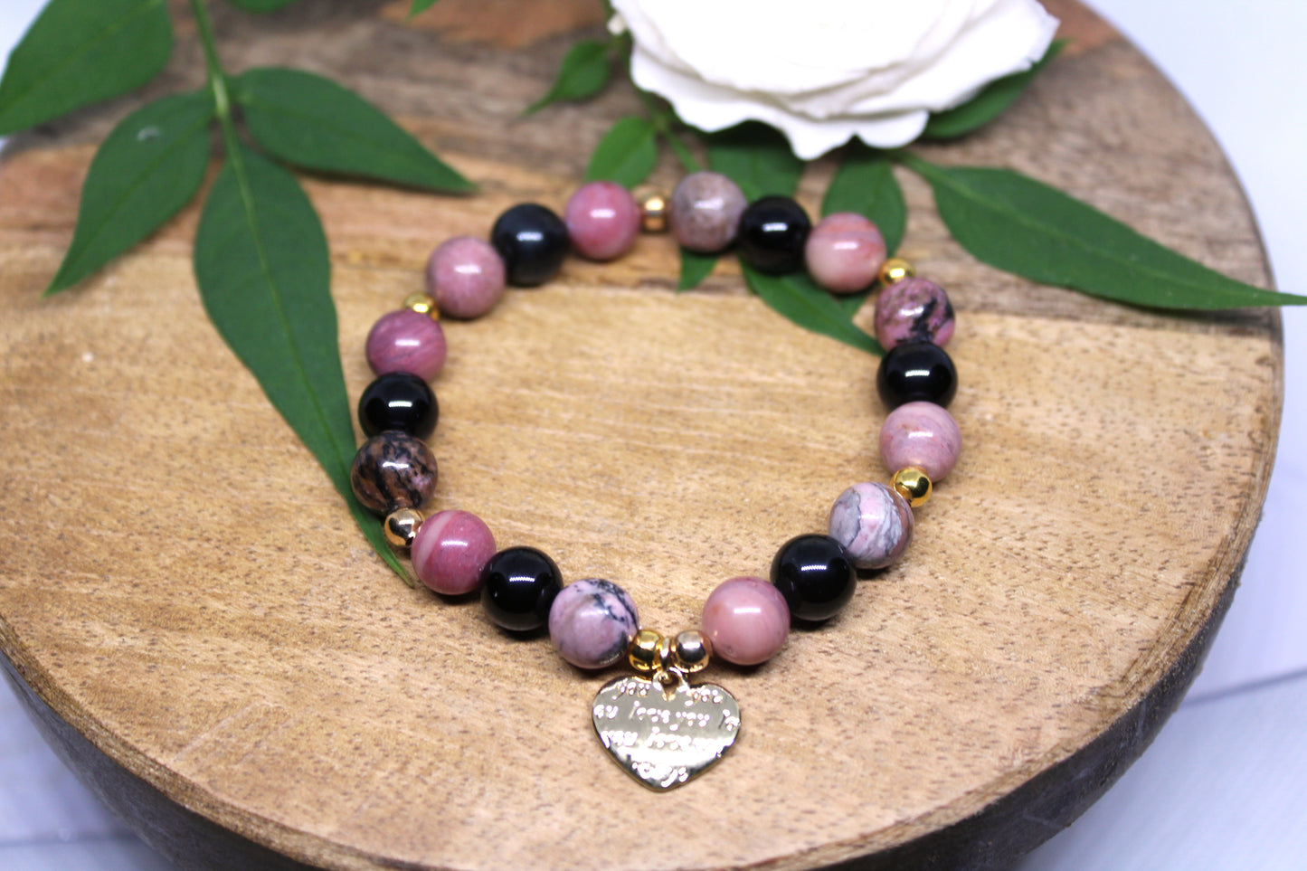 Bracelet en pierres naturelles Obsidienne noir, Rhodonite et Rhodochrosite