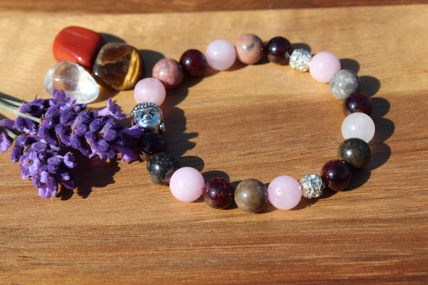 Bracelet pierres naturelles en Quartz rose, Rhodonite , Grenat