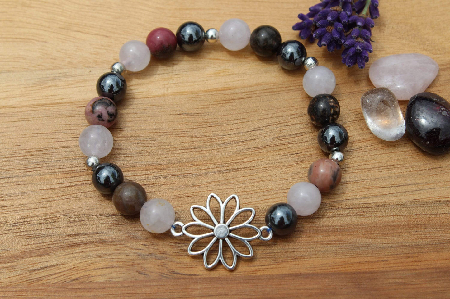 Bracelet pierres naturelles en Quartz rose, Rhodonite , Hématite