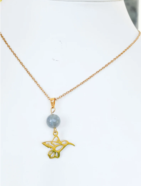 Collier colibri en acier inoxydable en pierres naturelles Labradorite