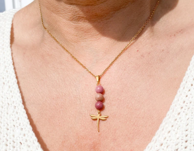 Collier libellule en acier inoxydable en pierres naturelles Rhodochrosite