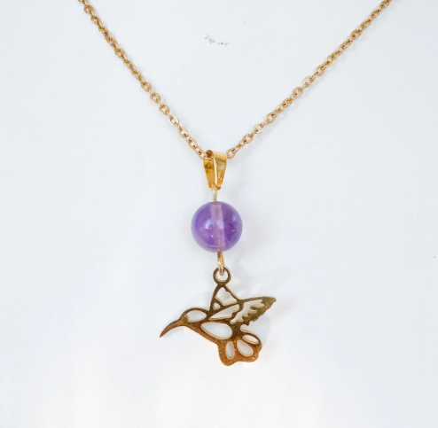 Collier colibri en acier inoxydable en pierres naturelles Améthyste
