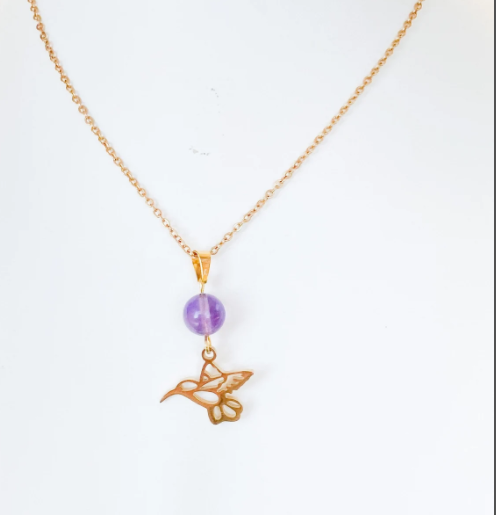 Collier colibri en acier inoxydable en pierres naturelles Améthyste