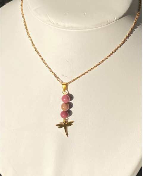 Collier libellule en acier inoxydable en pierres naturelles Rhodochrosite