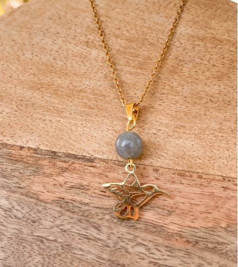 Collier colibri en acier inoxydable en pierres naturelles Labradorite