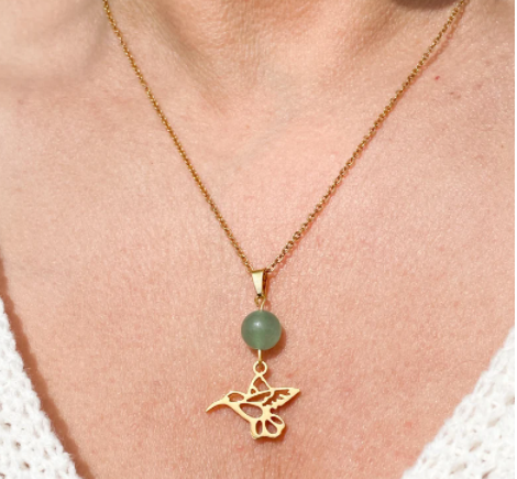 Collier colibri en acier inoxydable en pierres naturelles Aventurine