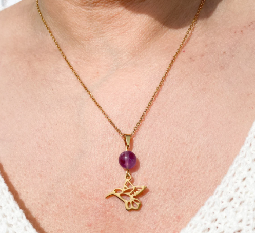 Collier colibri en acier inoxydable en pierres naturelles Améthyste