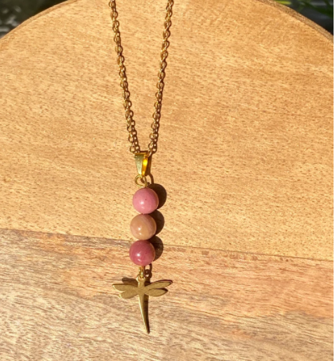 Collier libellule en acier inoxydable en pierres naturelles Rhodochrosite