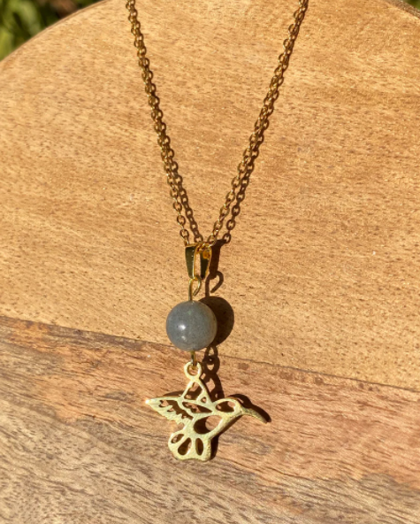 Collier colibri en acier inoxydable en pierres naturelles Labradorite