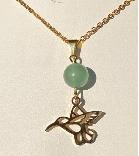 Collier colibri en acier inoxydable en pierres naturelles Aventurine