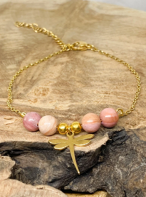 Bracelet acier inoxydable en pierres naturelles Rhodochrosite avec libellule