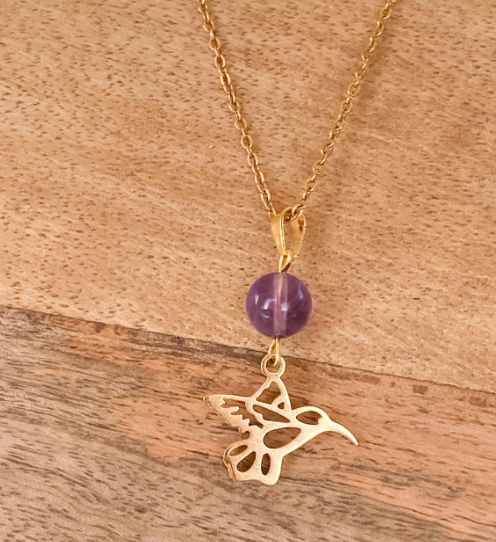 Collier colibri en acier inoxydable en pierres naturelles Améthyste
