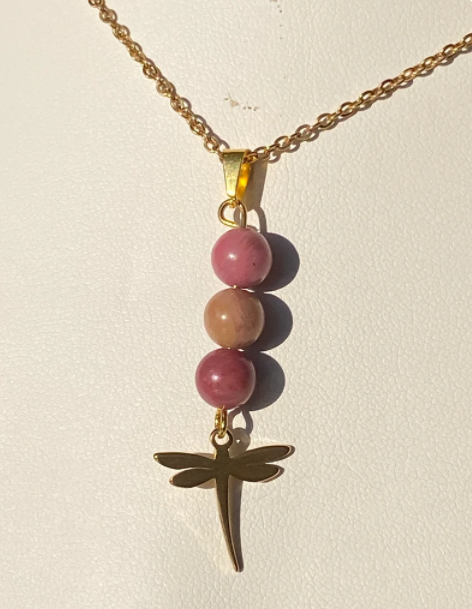 Collier libellule en acier inoxydable en pierres naturelles Rhodochrosite