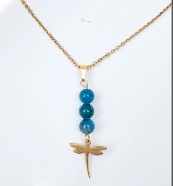 Collier libellule en acier inoxydable en pierres naturelles Apatite