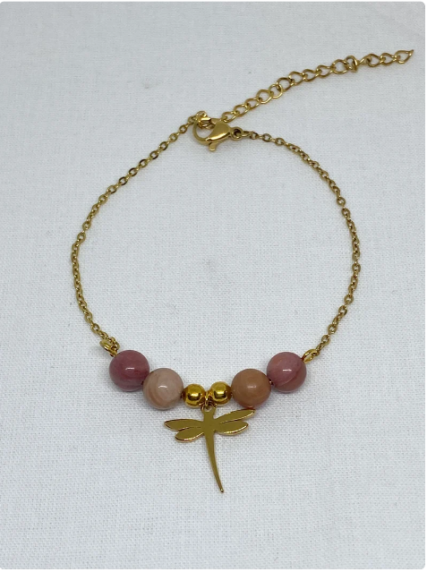 Bracelet acier inoxydable en pierres naturelles Rhodochrosite avec libellule
