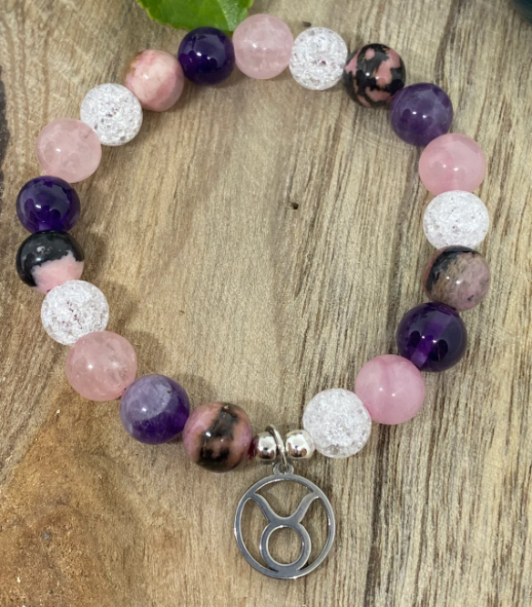 Bracelet élastique en pierres naturelles Améthyste, Quartz Rose, Cristal de Roche et Rhodonite " Spécial Taureau "