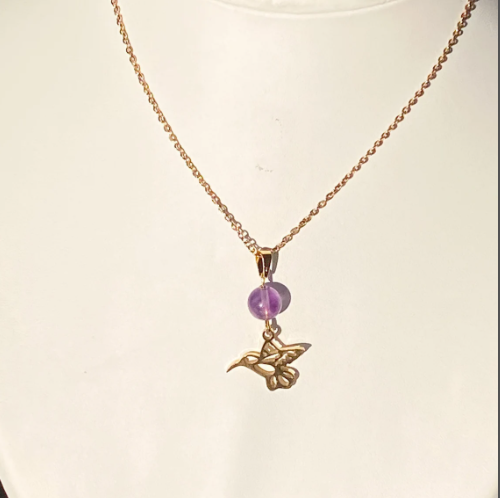 Collier colibri en acier inoxydable en pierres naturelles Améthyste