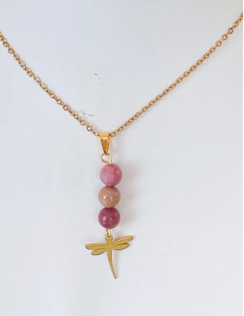 Collier libellule en acier inoxydable en pierres naturelles Rhodochrosite