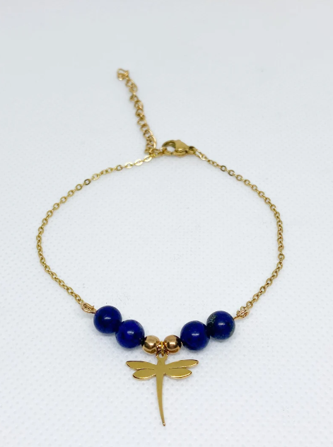 Bracelet acier inoxydable en pierres naturelles Lapis Lazuli avec libellule