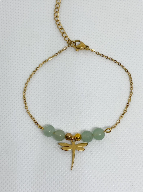 Bracelet acier inoxydable en pierres naturelles Aventurine avec libellule