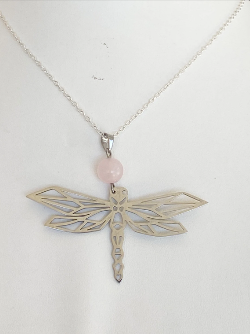 Collier en acier inoxydable avec pierres naturelles Quartz rose