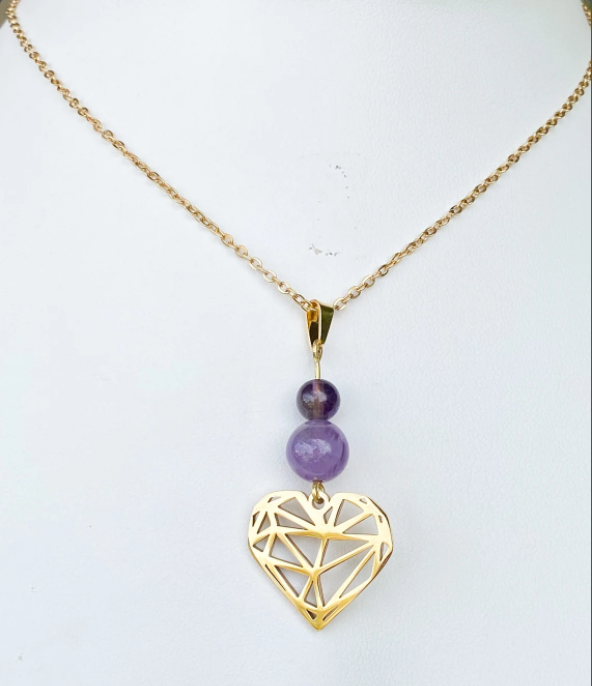 Collier Cœur Améthyste Naturelle - Acier Inoxydable Argenté - Pierre de Naissance Février