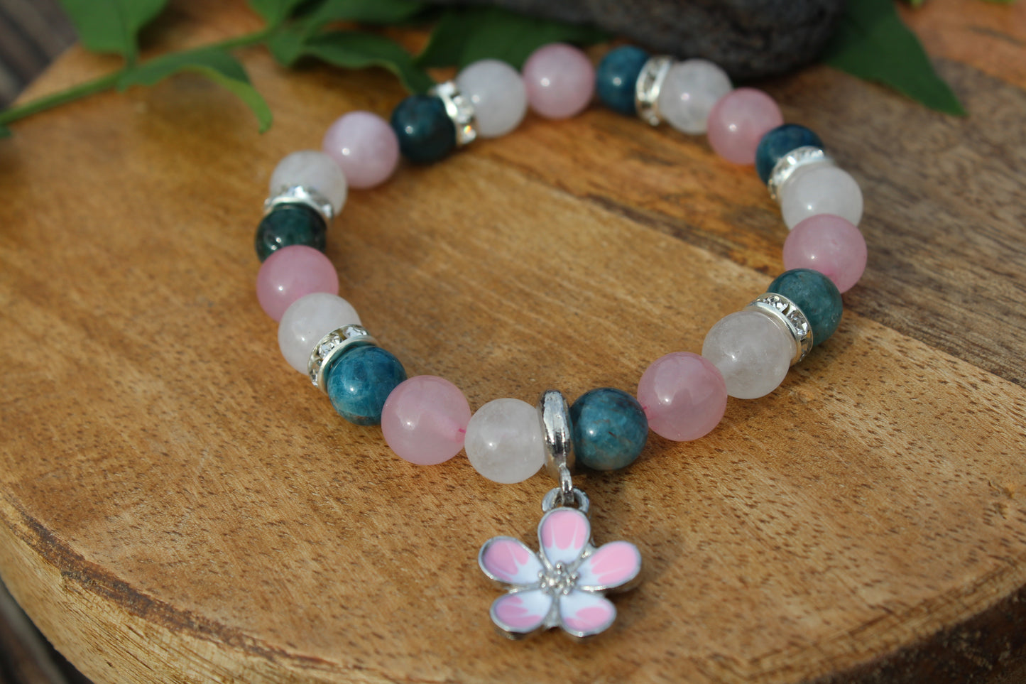 Bracelet pierres naturelles Apatite , pierre de lune et Quartz rose
