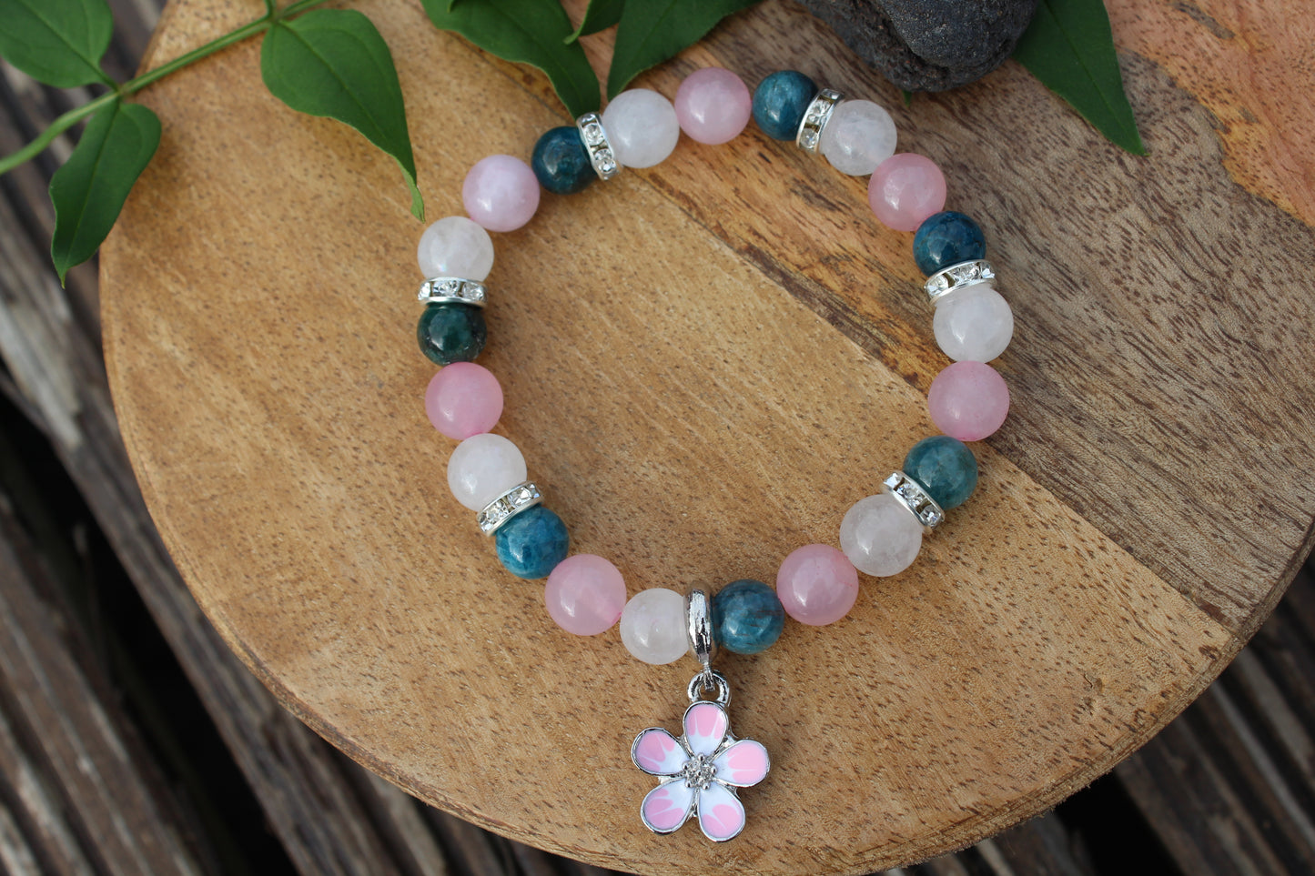 Bracelet pierres naturelles Apatite , pierre de lune et Quartz rose