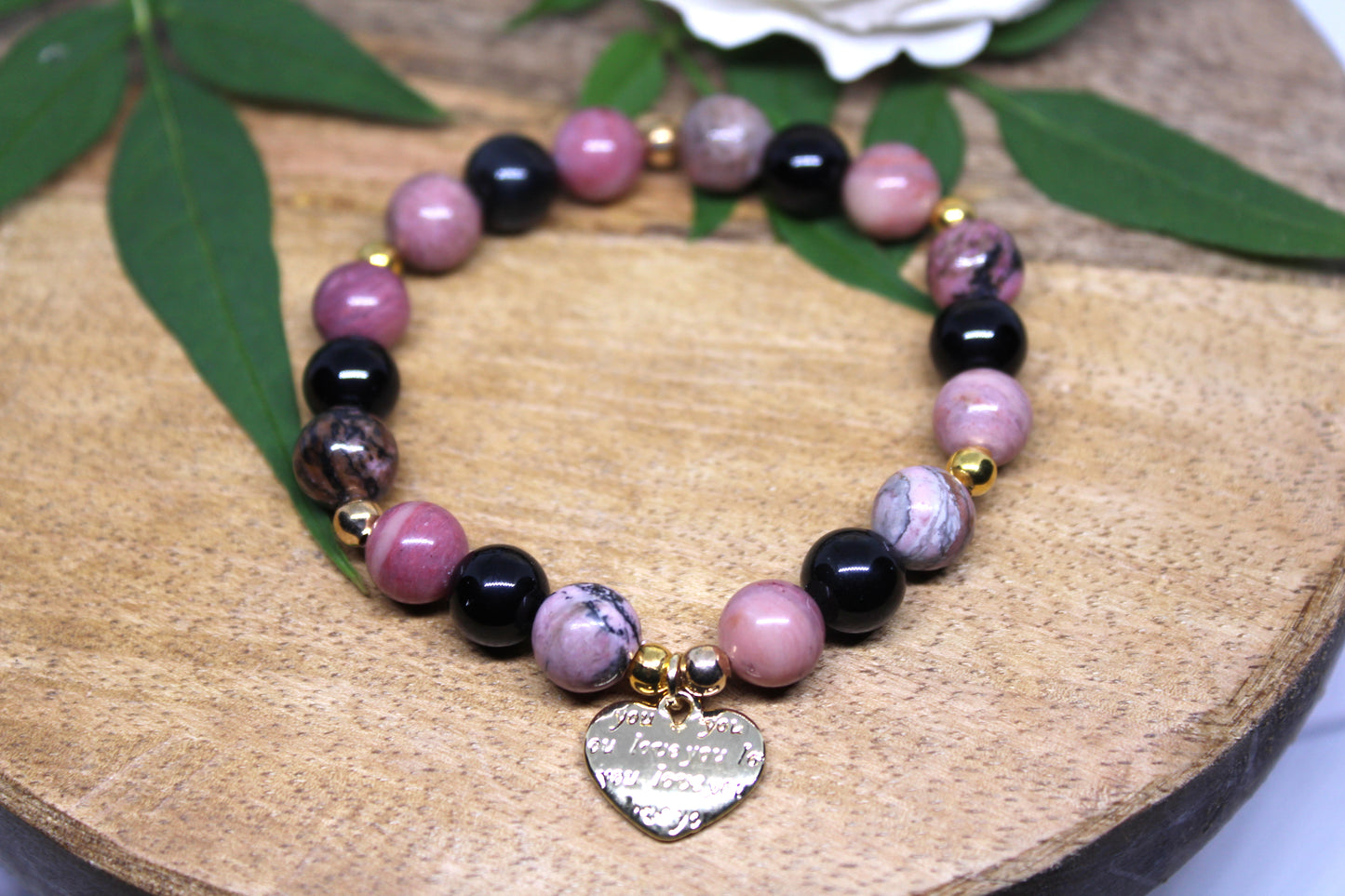Bracelet en pierres naturelles Obsidienne noir, Rhodonite et Rhodochrosite