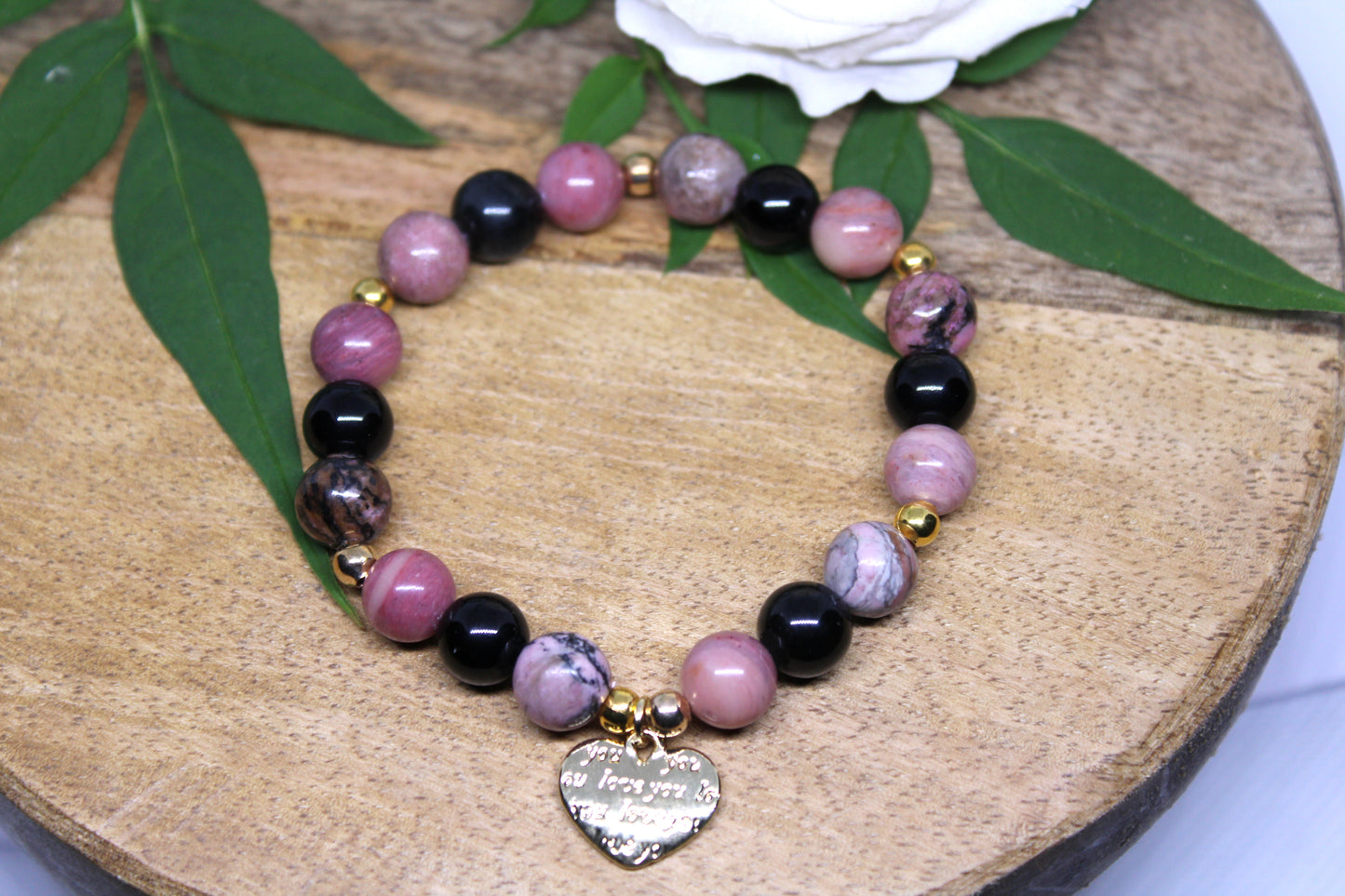 Bracelet en pierres naturelles Obsidienne noir, Rhodonite et Rhodochrosite