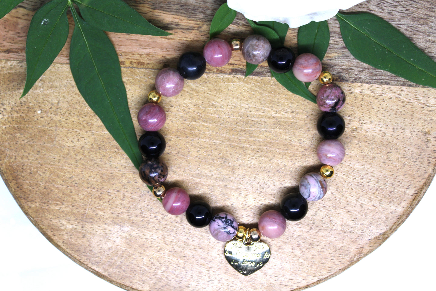 Bracelet en pierres naturelles Obsidienne noir, Rhodonite et Rhodochrosite