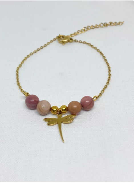 Bracelet acier inoxydable en pierres naturelles Rhodochrosite avec libellule