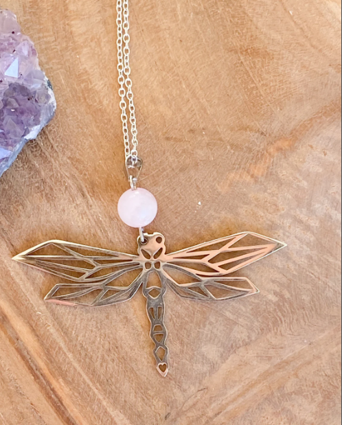 Collier en acier inoxydable avec pierres naturelles Quartz rose