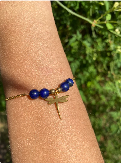Bracelet acier inoxydable en pierres naturelles Lapis Lazuli avec libellule