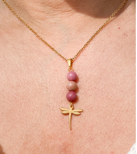 Collier libellule en acier inoxydable en pierres naturelles Rhodochrosite