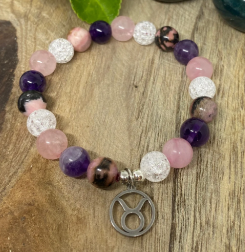 Bracelet élastique en pierres naturelles Améthyste, Quartz Rose, Cristal de Roche et Rhodonite " Spécial Taureau "