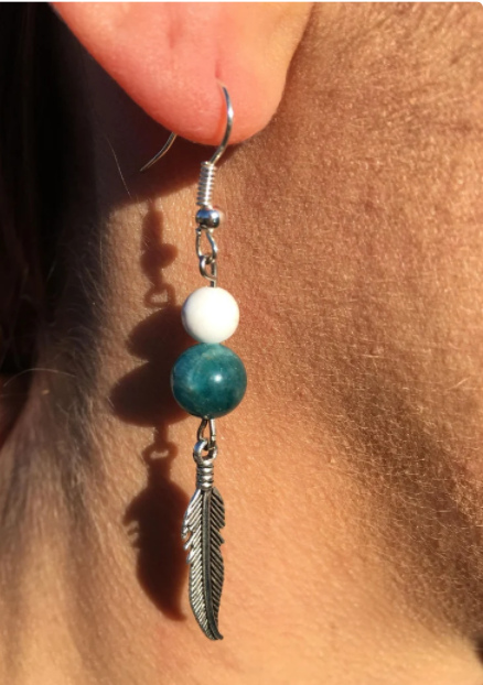 Boucles d'oreilles plume en pierre naturelle Apatite et Howlite
