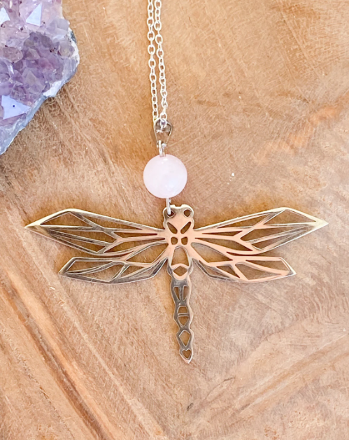 Collier en acier inoxydable avec pierres naturelles Quartz rose