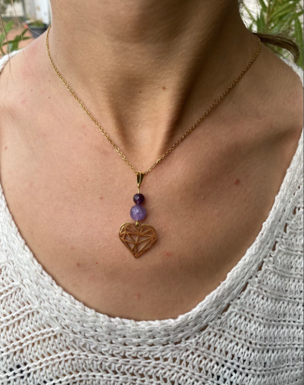 Collier Cœur Améthyste Naturelle - Acier Inoxydable Argenté - Pierre de Naissance Février