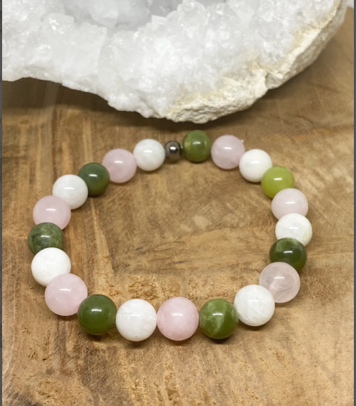 Bracelet en pierres naturelles Jade néphrétique, Pierre de lune et Quartz rose