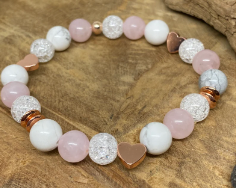 Bracelet pierres naturelles en Quartz rose, howlite et Cristal de roche