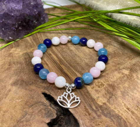 Bracelet grossesse, quartz rose, pierre de lune, aigue marine et lapis lazuli