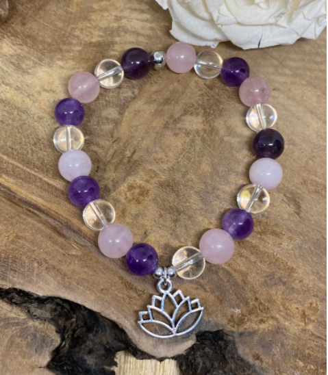 bracelet anti stress lithothérapie améthyste quartz rose et cristal de roche
